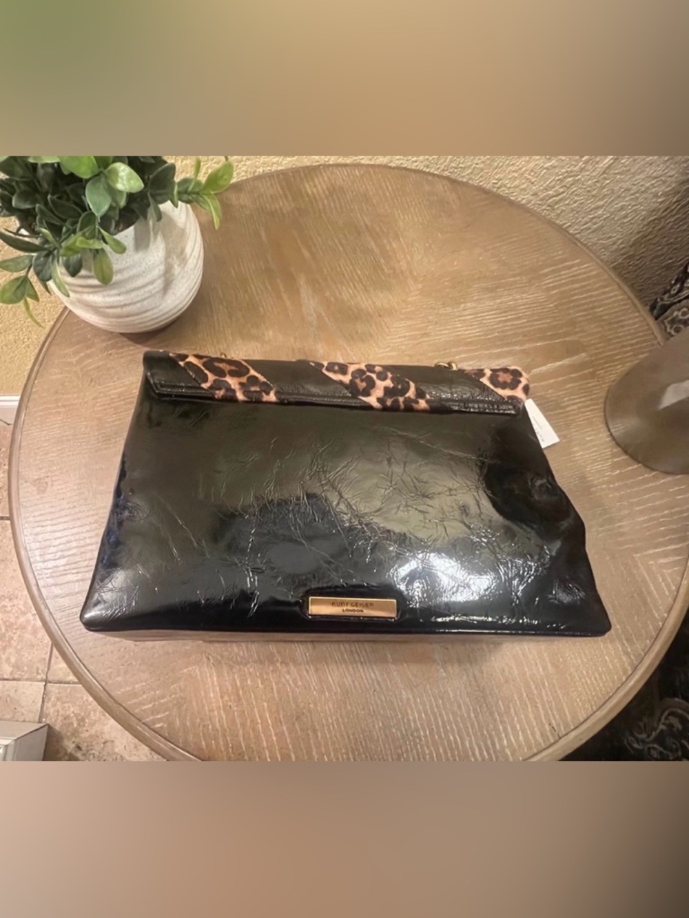🐆Kurt Geiger Leopard Print & Black Patent Shoulder Bag with Gold Chain & Wallet - Picture 11 of 11